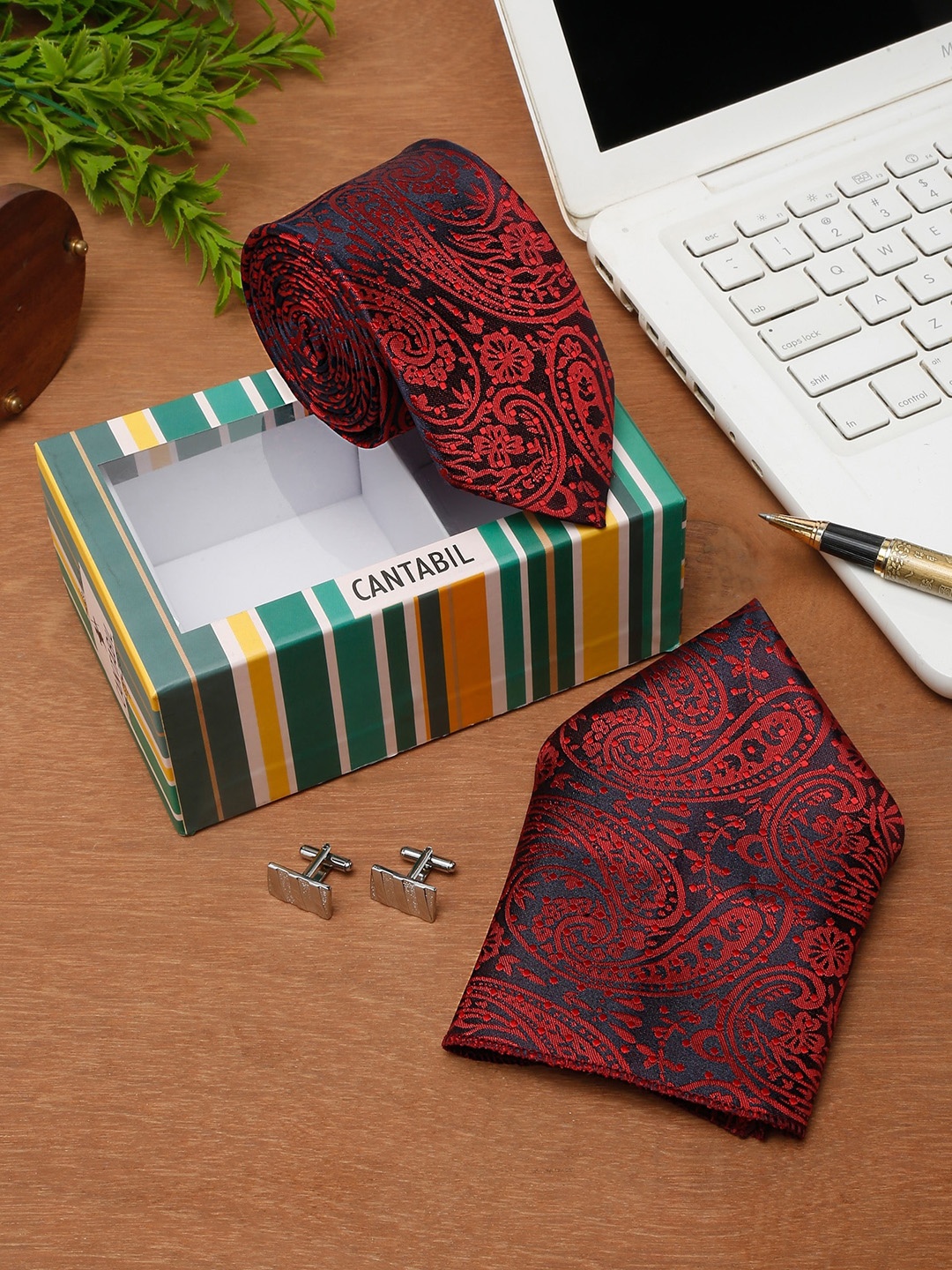 

Cantabil Men Printed Tie with Pocket Square & Cufflinks Accessory Gift Set, Maroon