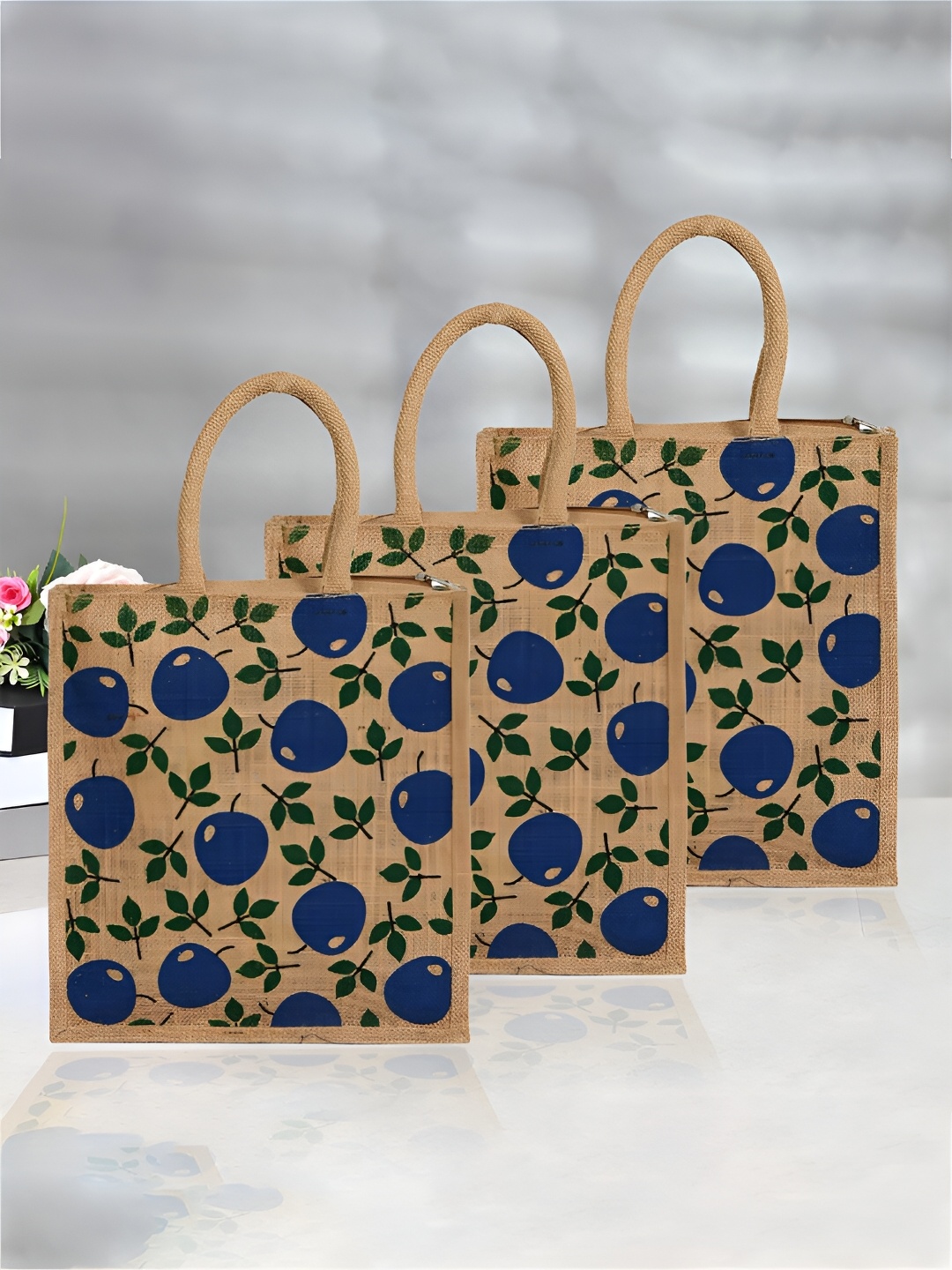 

Kuber Industries Set of 3 Printed Jute Eco Friendly Lunch bags, Brown