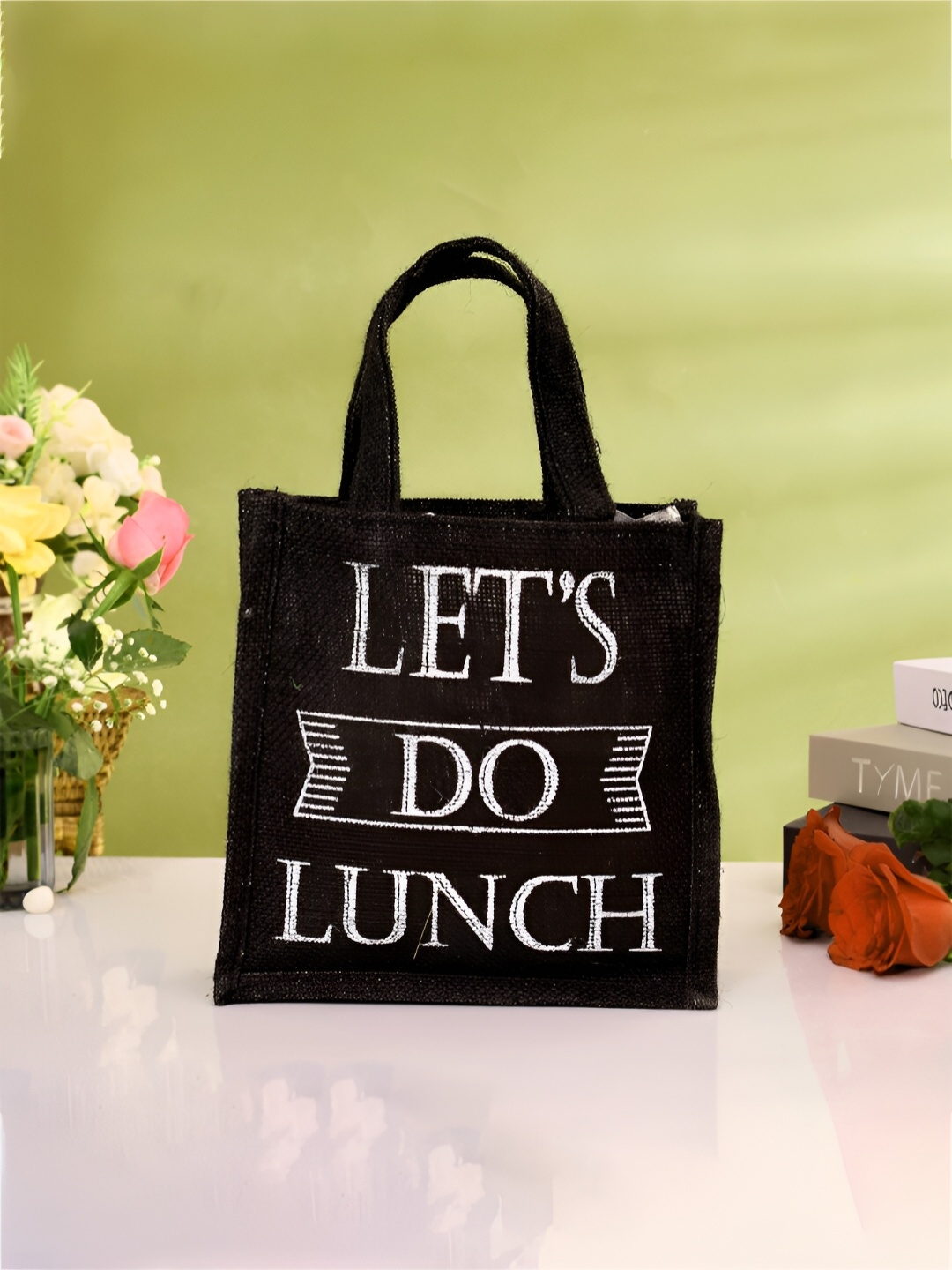 

Kuber Industries 4 Pieces Lets Do Lunch Printed Lunch Bags with Handle, Black