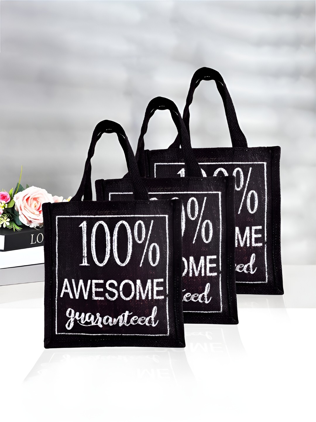 

Kuber Industries 3 Pieces Lets Do Lunch Printed Lunch Bags with Handle, Black