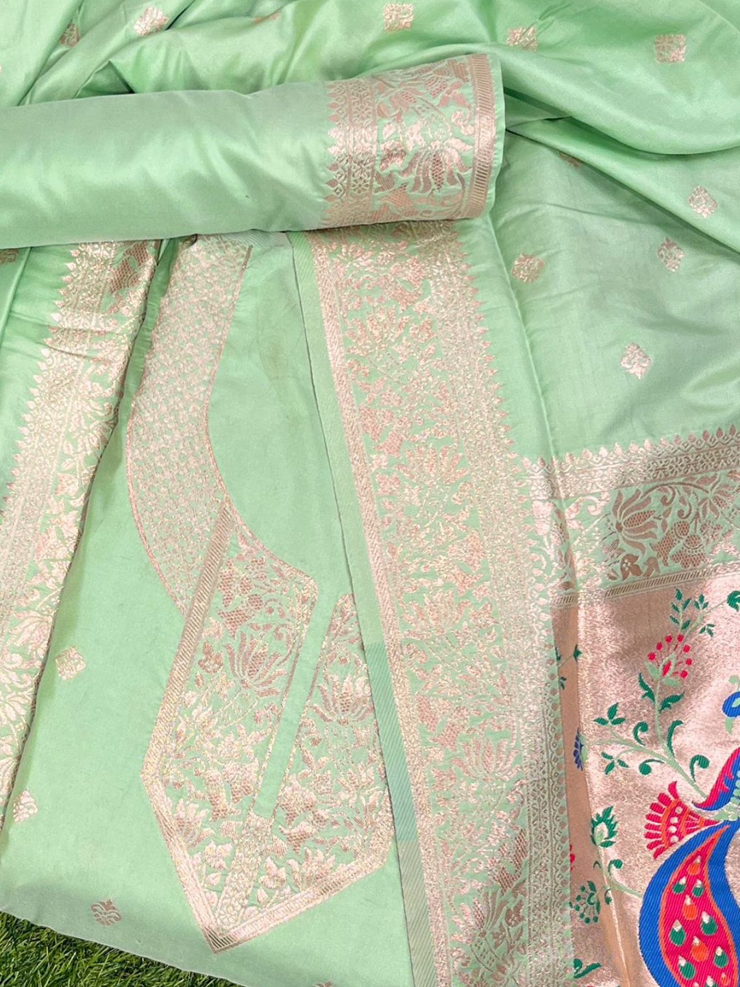 

ZARIMO Ethnic Woven Design Pure Silk Unstitched Dress Material, Green