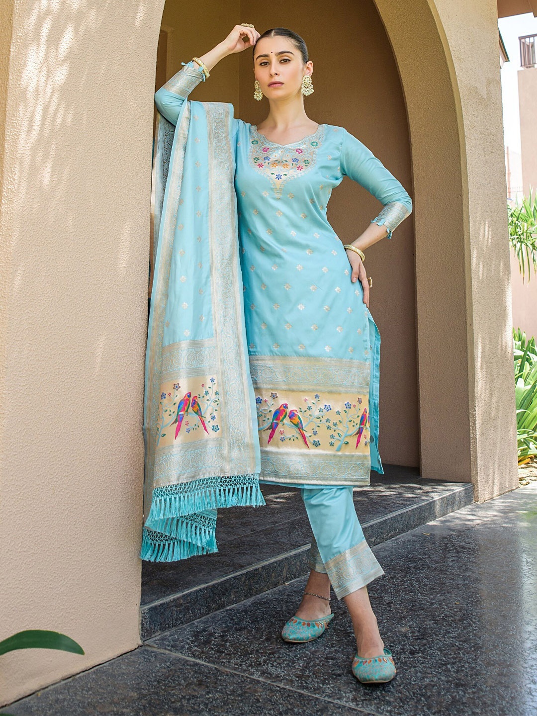

ZARIMO Ethnic Motifs Woven Design Zari Pure Silk Unstitched Dress Material, Blue
