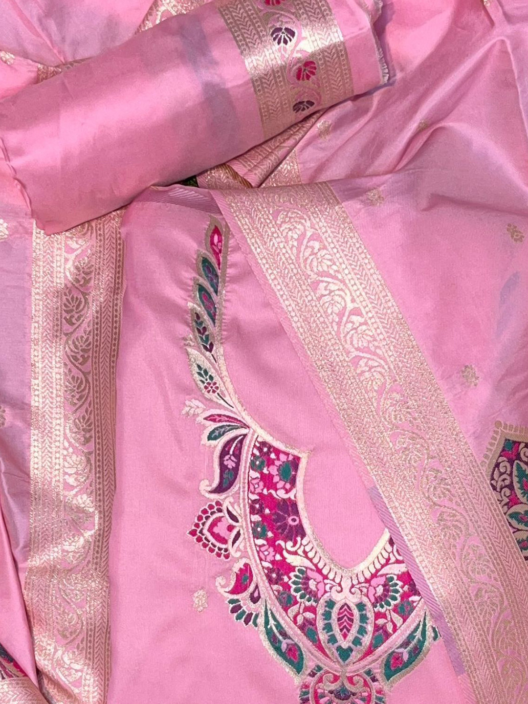 

ZARIMO Ethnic Woven Design Pure Silk Unstitched Dress Material, Pink