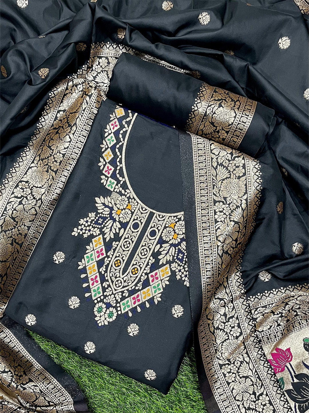 

ZARIMO Ethnic Motifs Woven Design Pure Silk Unstitched Dress Material, Black