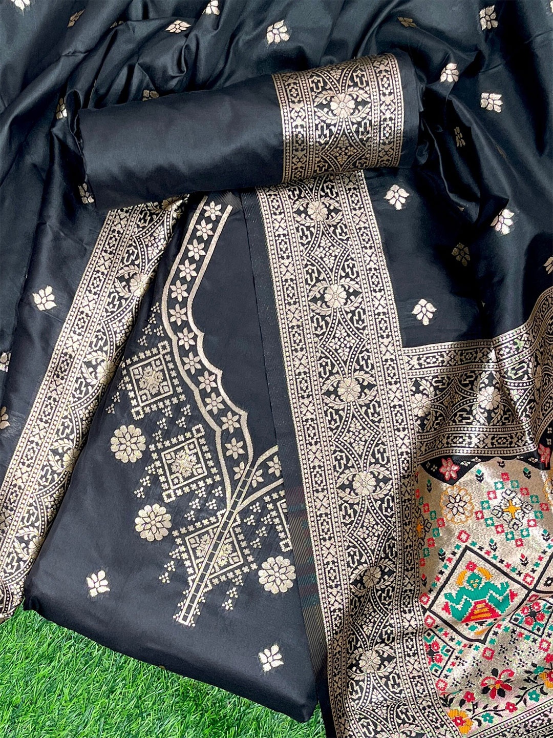 

ZARIMO Ethnic Motifs Woven Design Pure Silk Unstitched Dress Material, Black