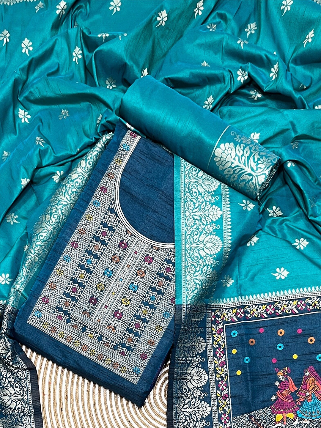 

ZARIMO Ethnic Motifs Woven Design Raw Silk Unstitched Dress Material, Teal