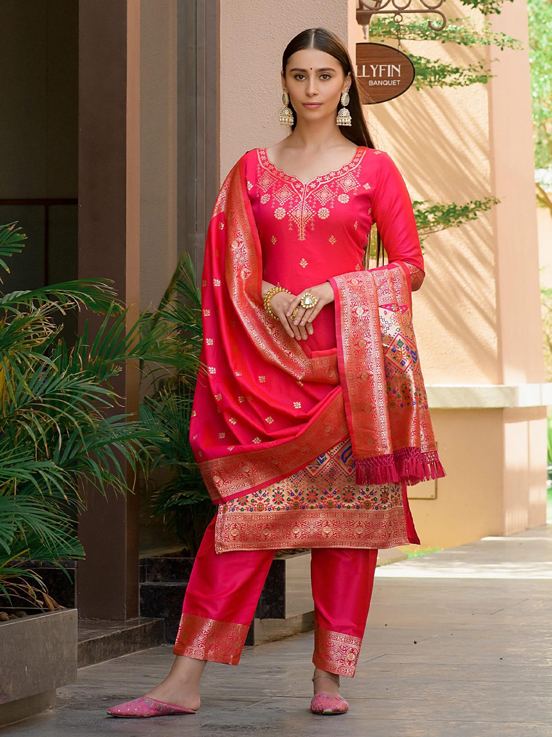 

ZARIMO Ethnic Motifs Woven Design Pure Silk Unstitched Dress Material, Pink