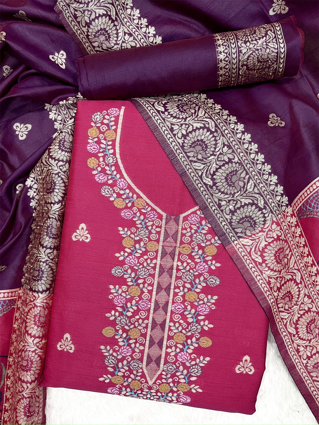

ZARIMO Raw Silk Unstitched Dress Material, Pink
