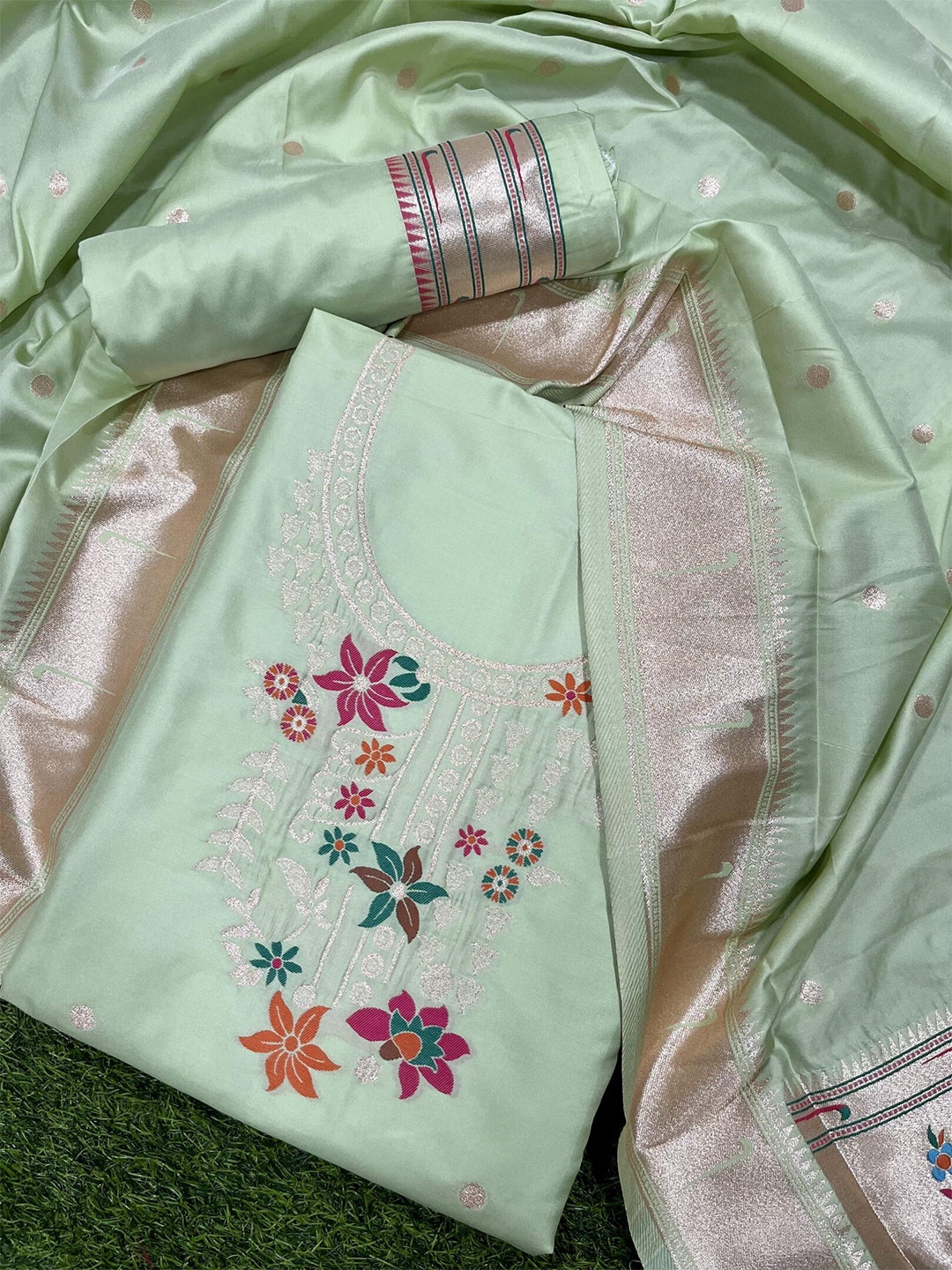 

ZARIMO Ethnic Woven Design Pure Silk Unstitched Dress Material, Green