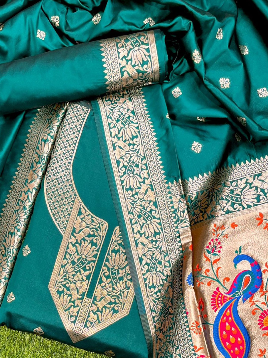 

ZARIMO Ethnic Motifs Woven Design Pure Silk Unstitched Dress Material, Teal