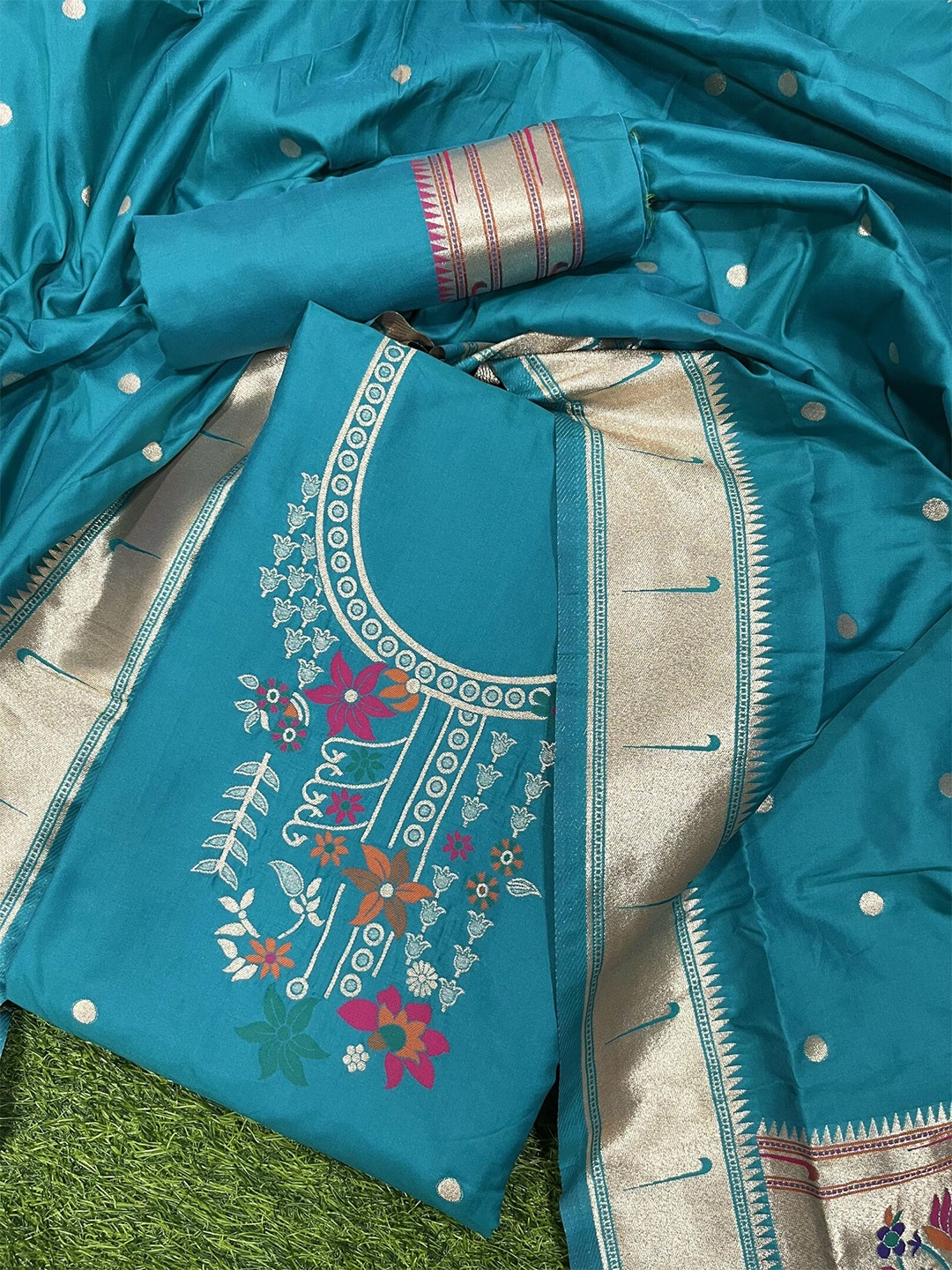 

ZARIMO Ethnic Motifs Woven Design Pure Silk Unstitched Dress Material, Teal