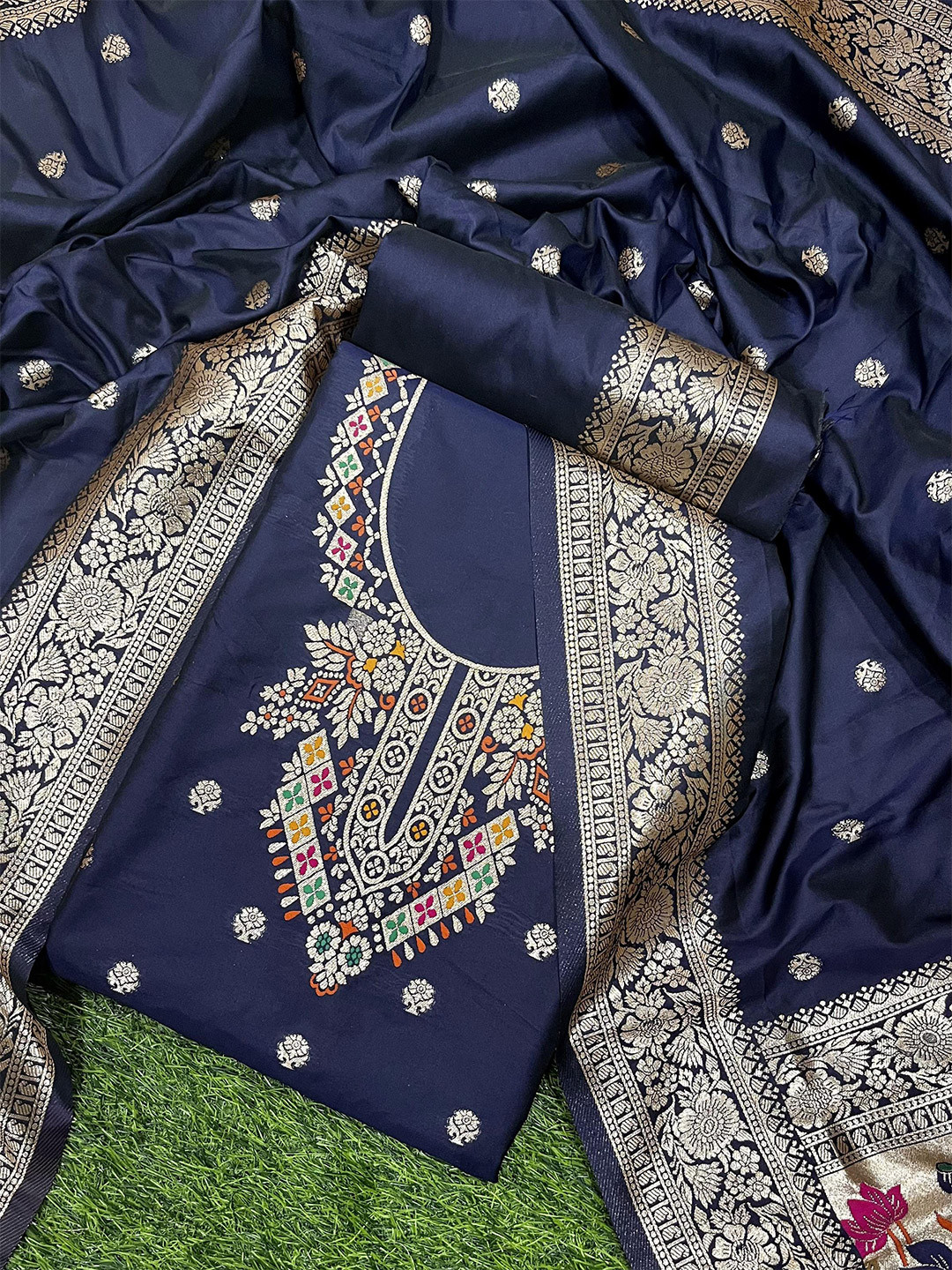 

ZARIMO Pure Silk Unstitched Dress Material, Navy blue