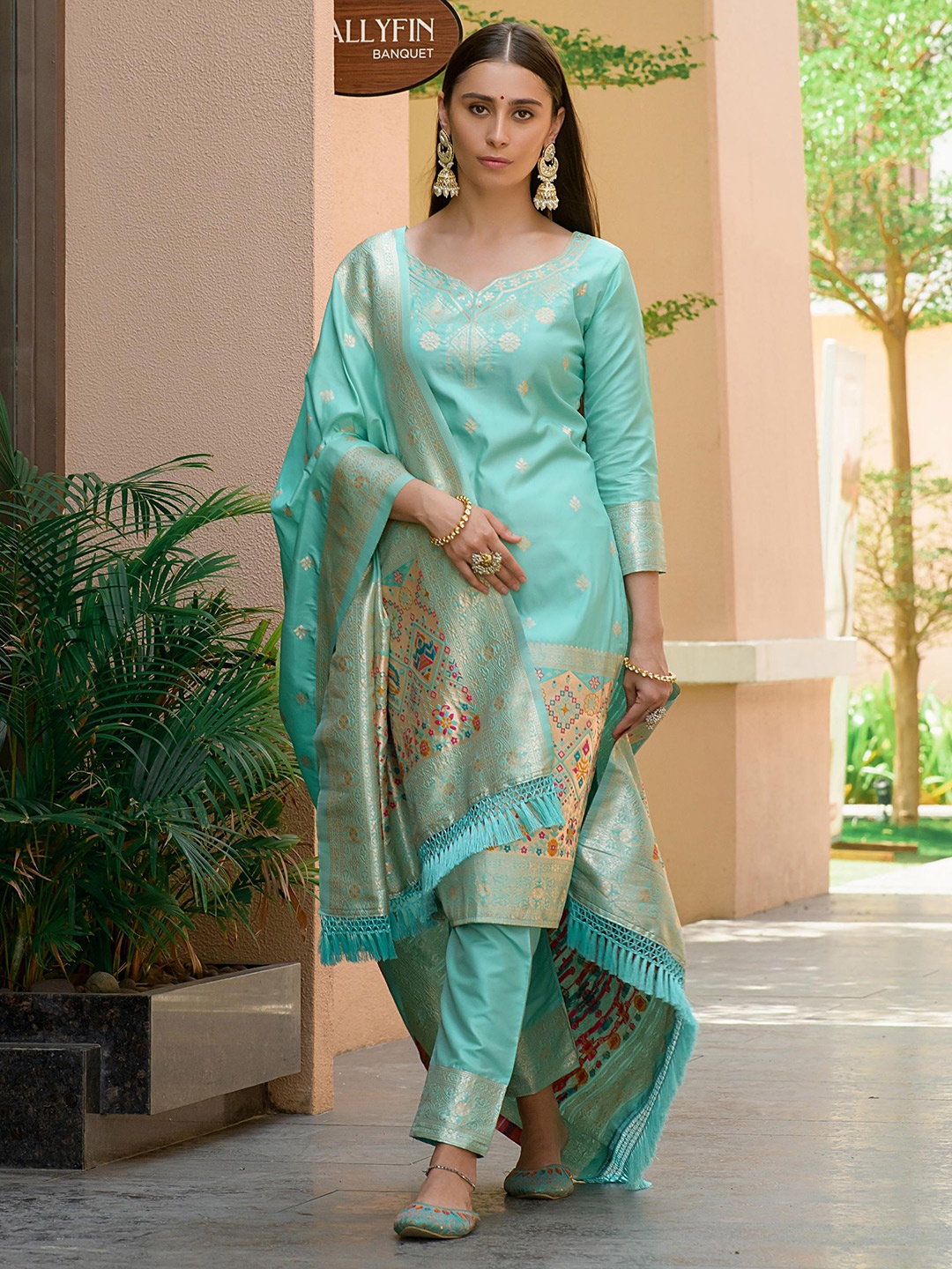 

ZARIMO Ethnic Motifs Woven Design Pure Silk Unstitched Dress Material, Sea green