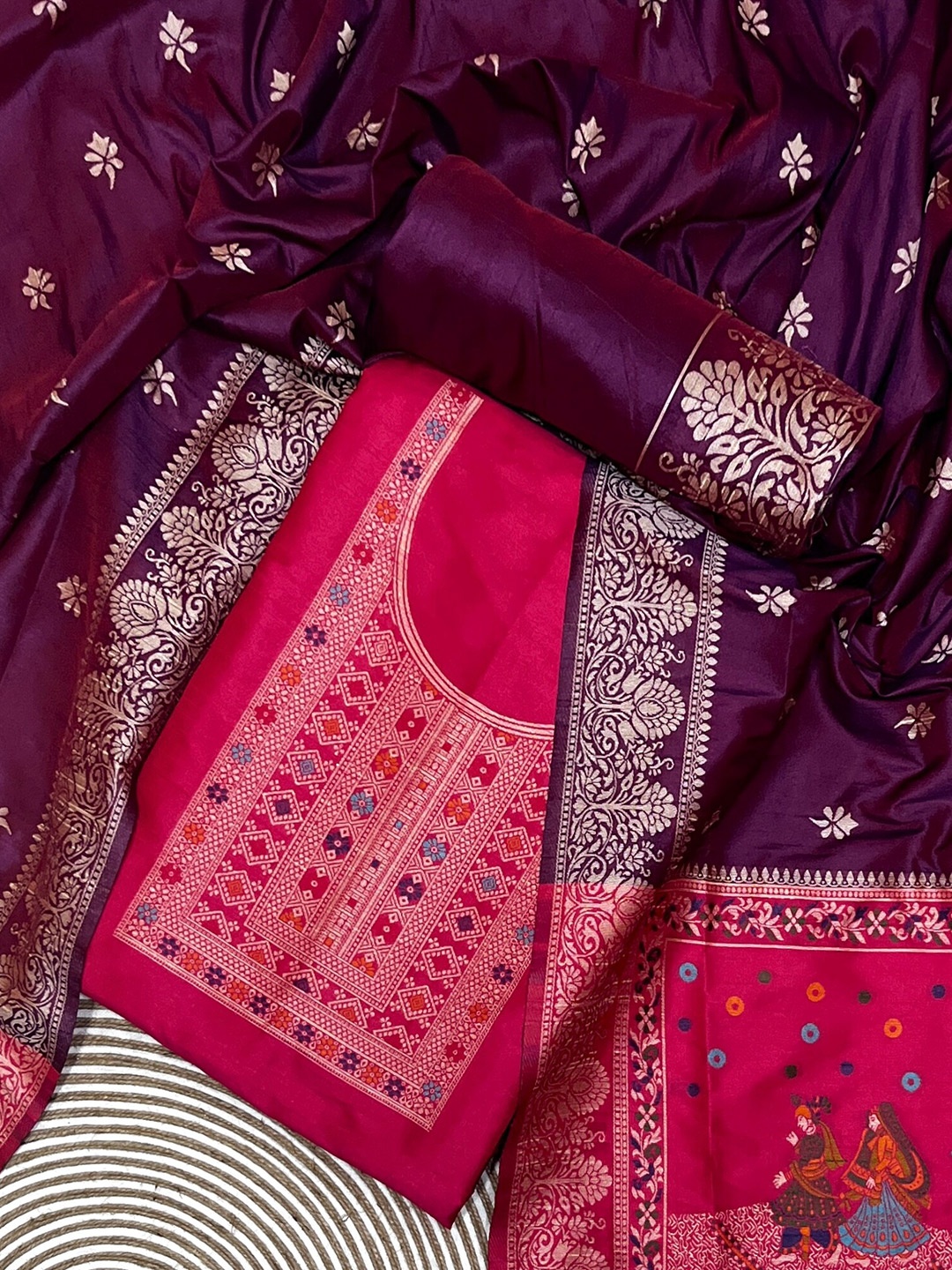 

ZARIMO Ethnic Woven Design Raw Silk Unstitched Dress Material, Pink