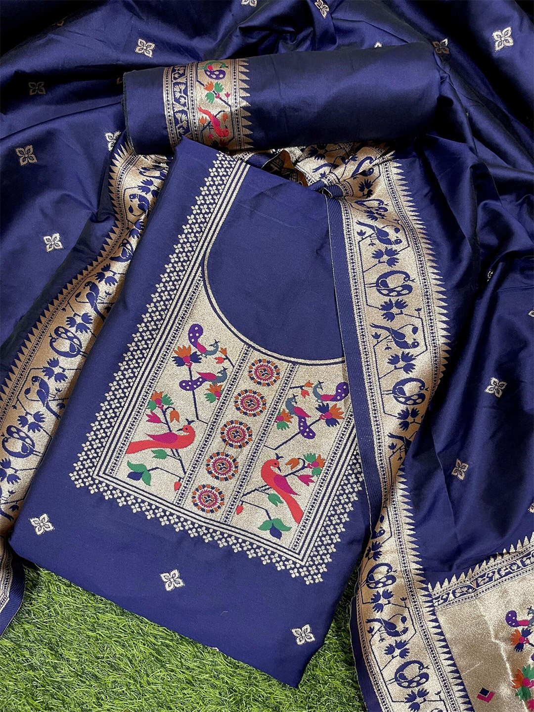 

ZARIMO Ethnic Motifs Printed Pure Silk Unstitched Dress Material, Navy blue