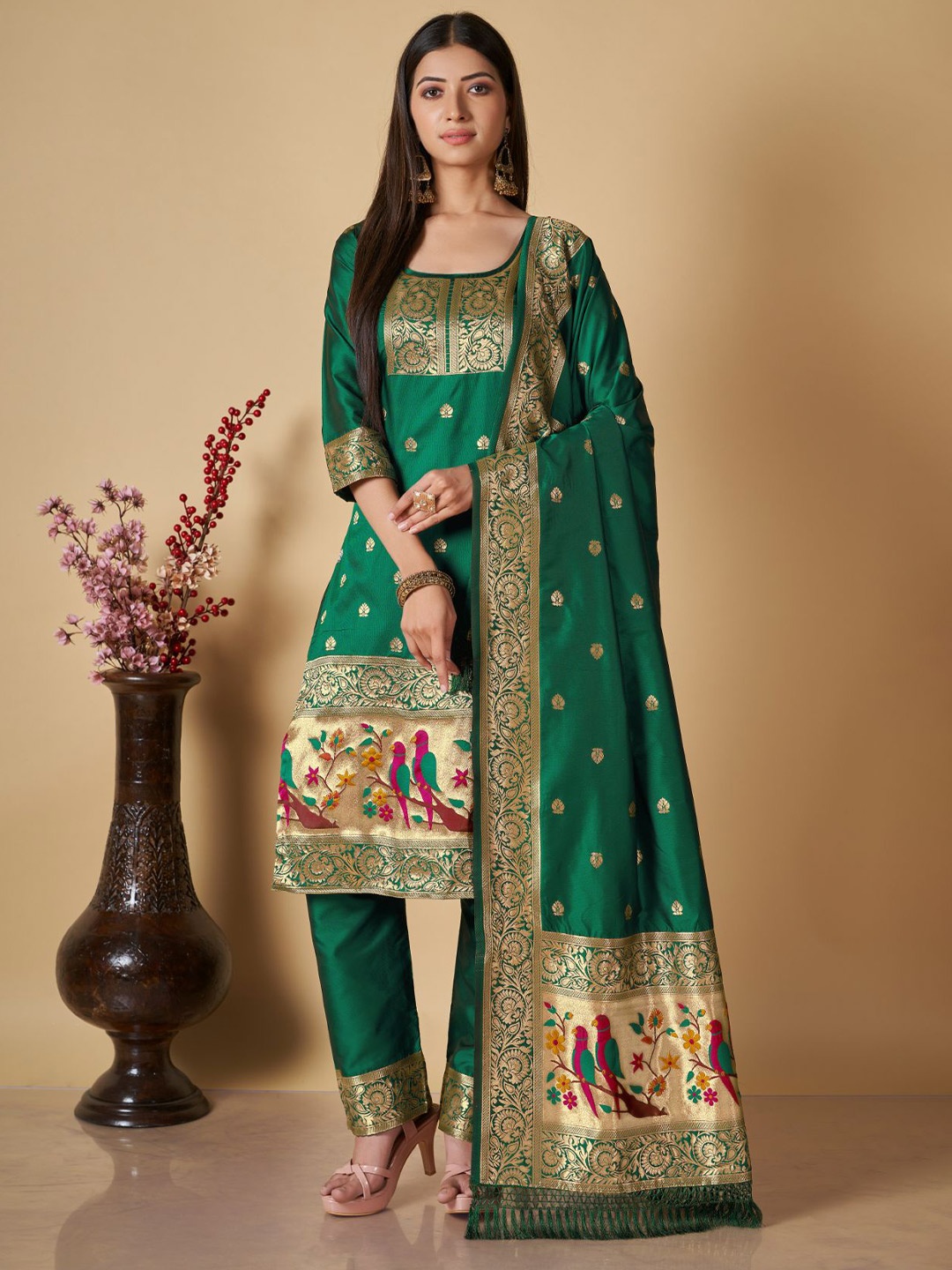 

ZARIMO Ethnic Woven Design Pure Silk Unstitched Dress Material, Teal