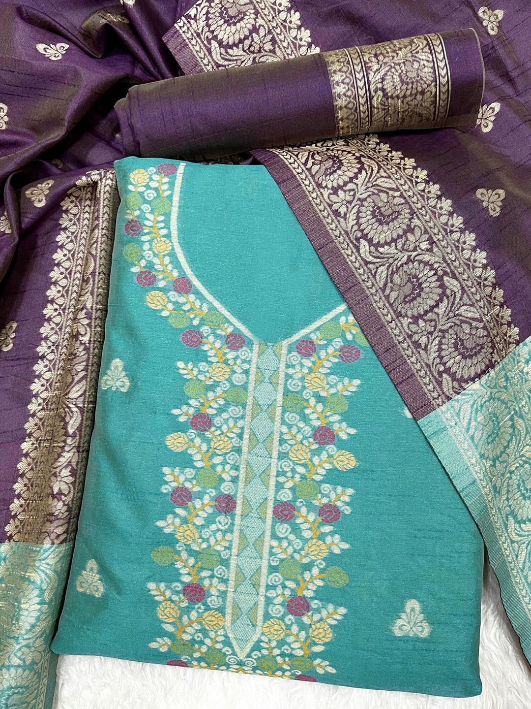 

ZARIMO Ethnic Motifs Woven Design Raw Silk Unstitched Dress Material, Sea green
