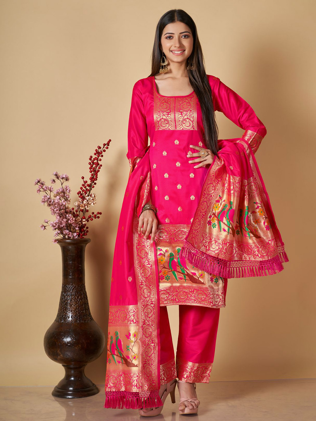 

ZARIMO Ethnic Motifs Woven Design Zari Pure Silk Unstitched Dress Material, Pink