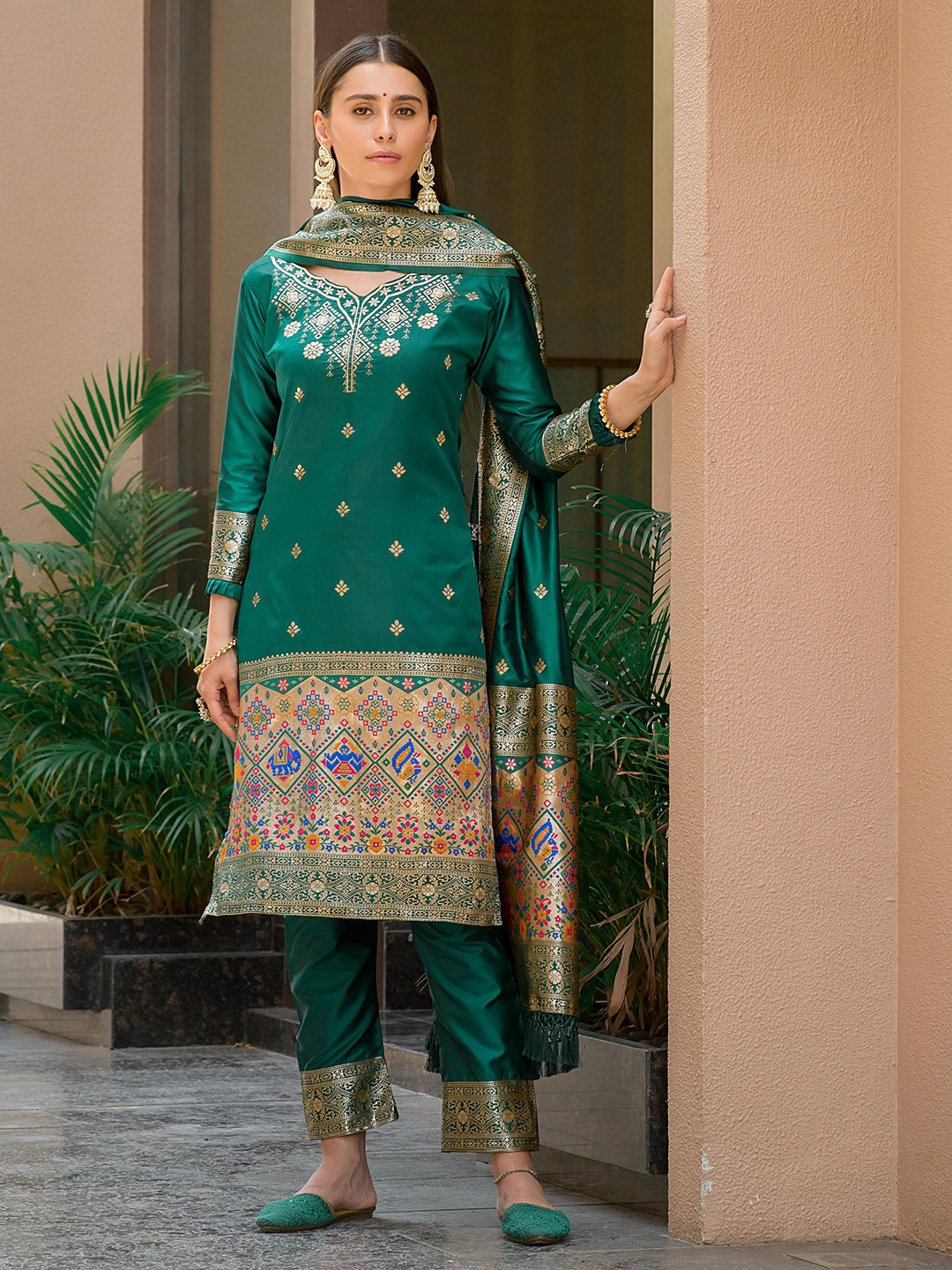 

ZARIMO Ethnic Motifs Woven Design Pure Silk Unstitched Dress Material, Green