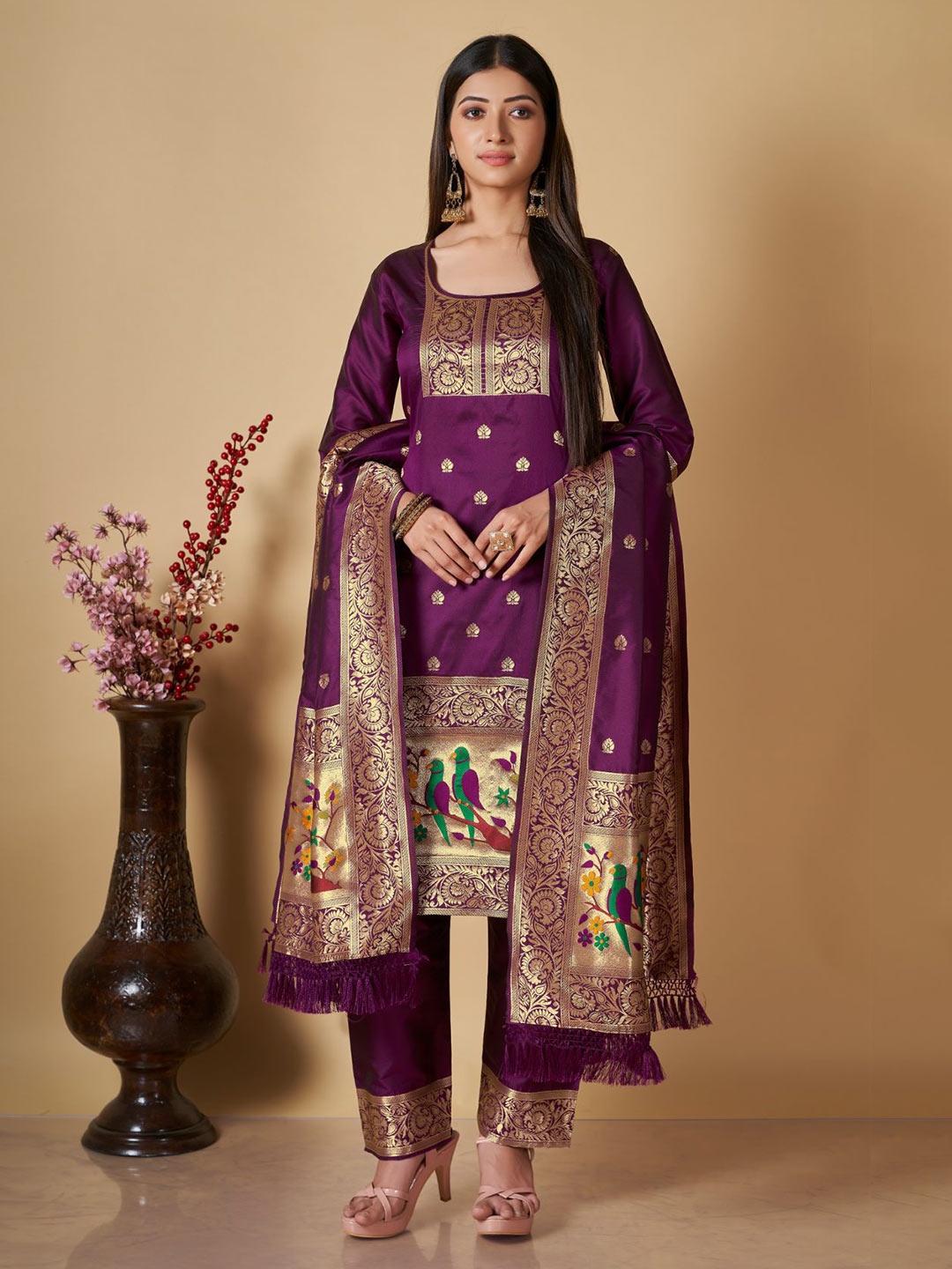 

ZARIMO Floral Motifs Woven Design Pure Cotton Unstitched Dress Material, Burgundy