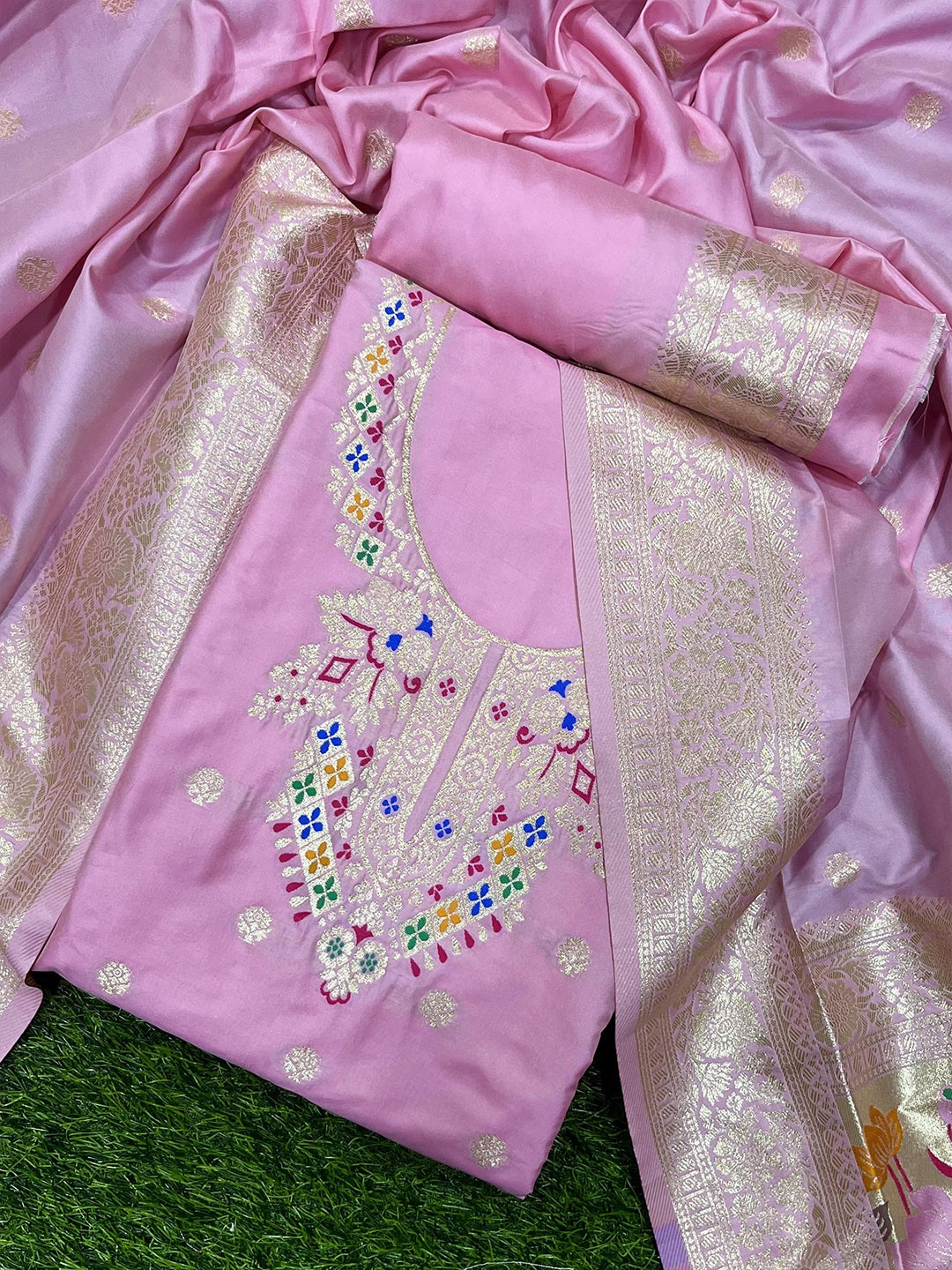 

ZARIMO Ethnic Motifs Woven Design Zari Pure Silk Unstitched Dress Material, Pink