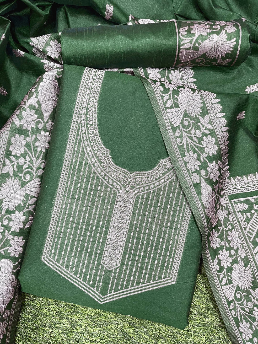 

ZARIMO Ethnic Motifs Woven Design Raw Silk Unstitched Dress Material, Teal