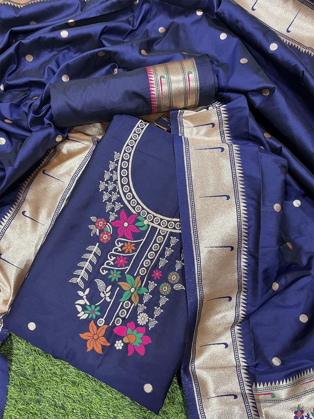 

ZARIMO Ethnic Motifs Woven Design Pure Silk Unstitched Dress Material, Navy blue