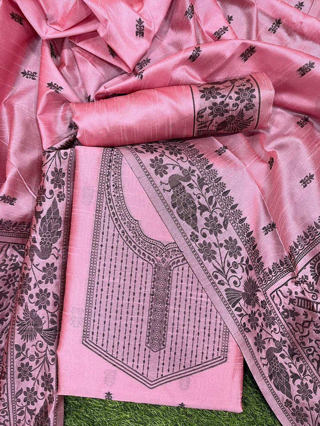 

ZARIMO Floral Woven Design Raw Silk Unstitched Dress Material, Pink