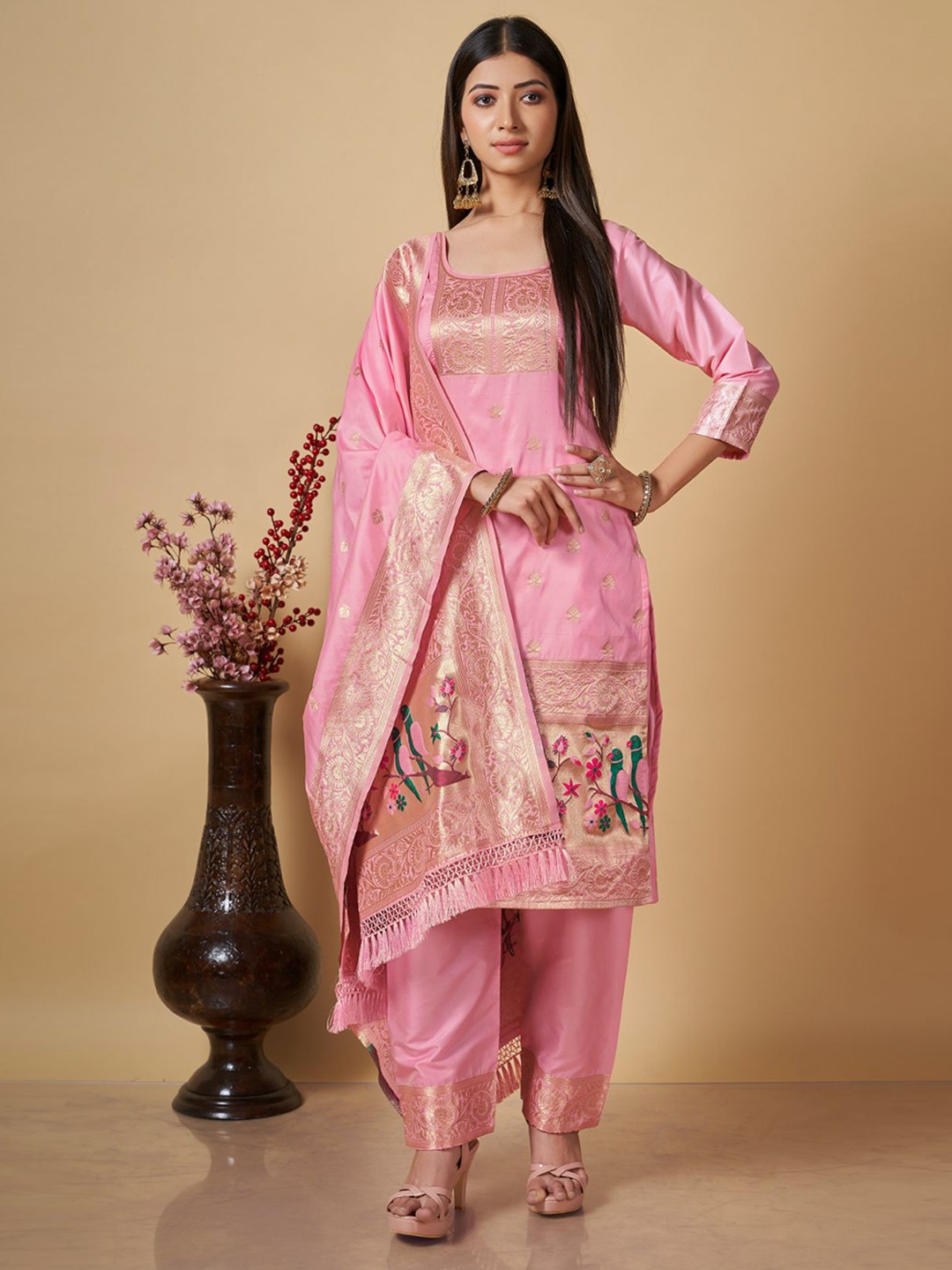 

ZARIMO Ethnic Motifs Woven Design Zari Pure Silk Unstitched Dress Material, Pink