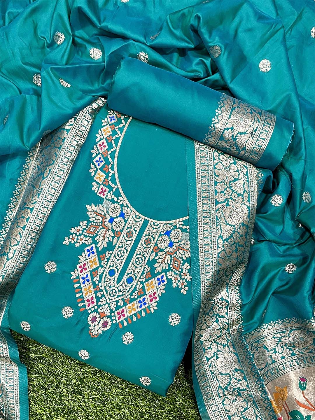 

ZARIMO Ethnic Motifs Woven Design Zari Pure Silk Unstitched Dress Material, Teal