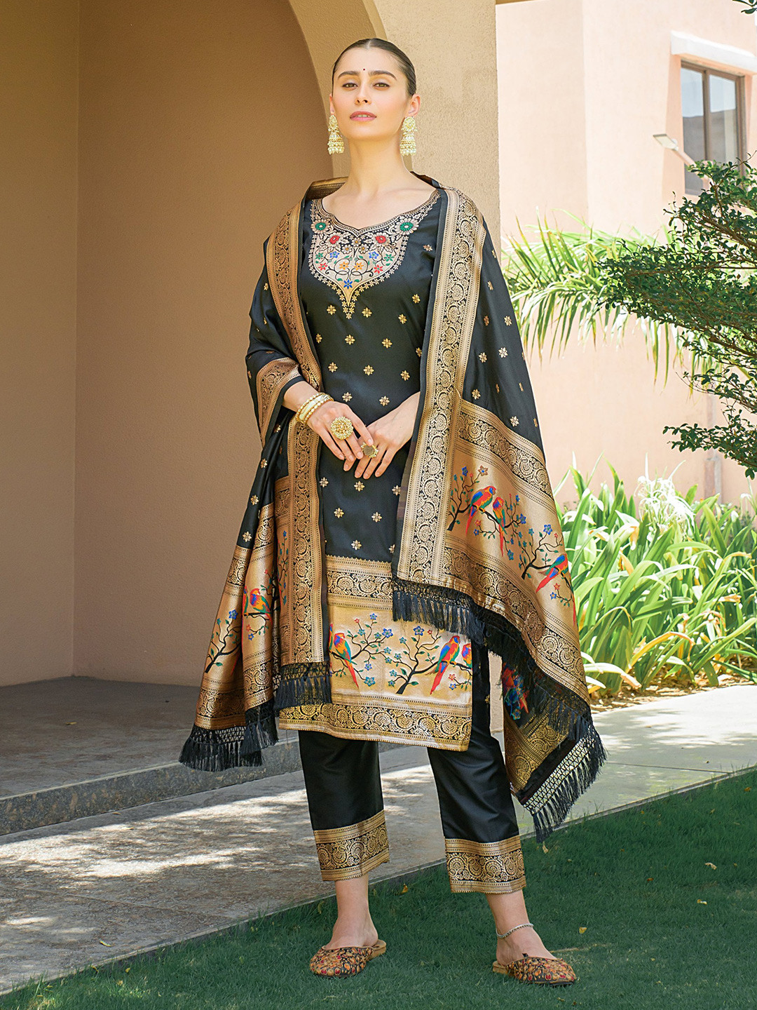 

ZARIMO Ethnic Motifs Woven Design Zari Pure Silk Unstitched Dress Material, Black