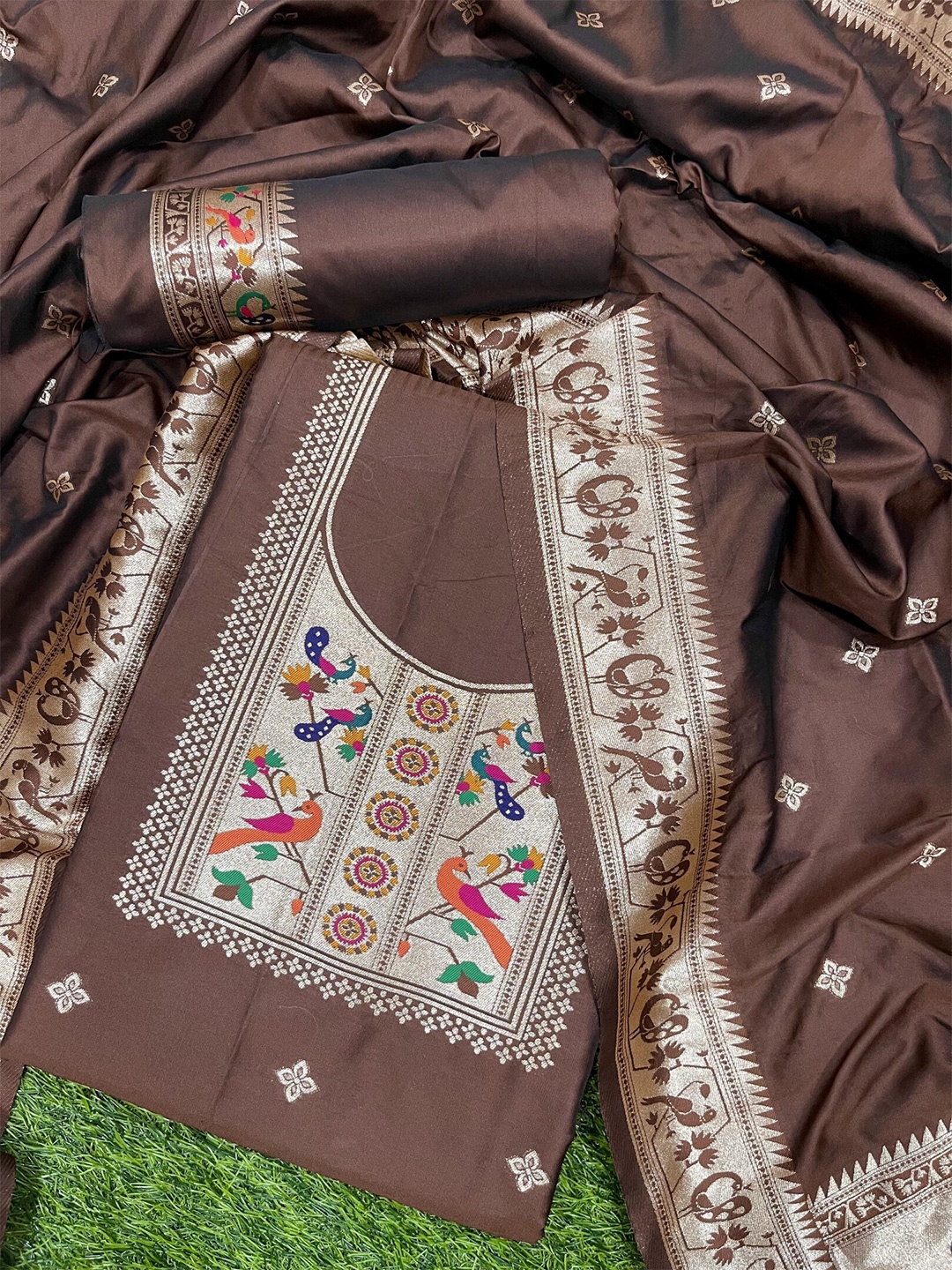 

ZARIMO Pure Silk Unstitched Dress Material, Coffee brown
