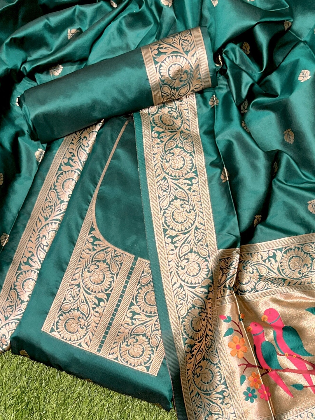 

ZARIMO Ethnic Motifs Woven Design Pure Silk Unstitched Dress Material, Teal