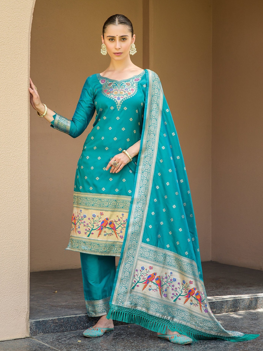 

ZARIMO Ethnic Motifs Woven Design Zari Pure Silk Unstitched Dress Material, Teal