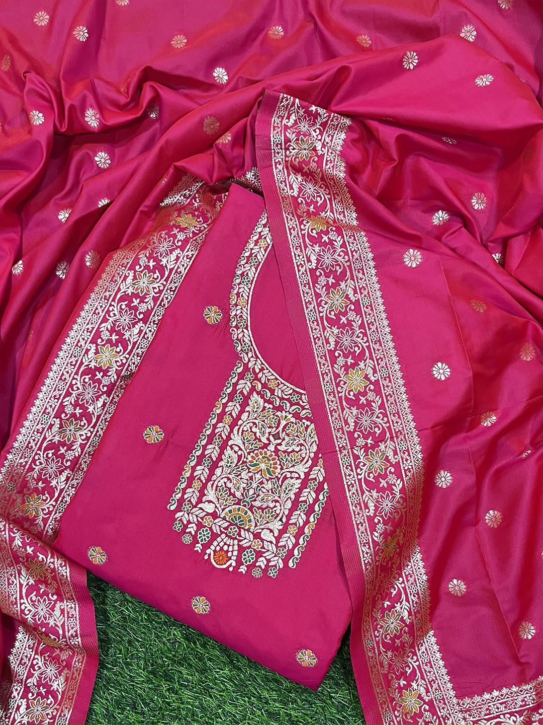 

ZARIMO Ethnic Motifs Woven Design Zari Pure Silk Unstitched Dress Material, Coral
