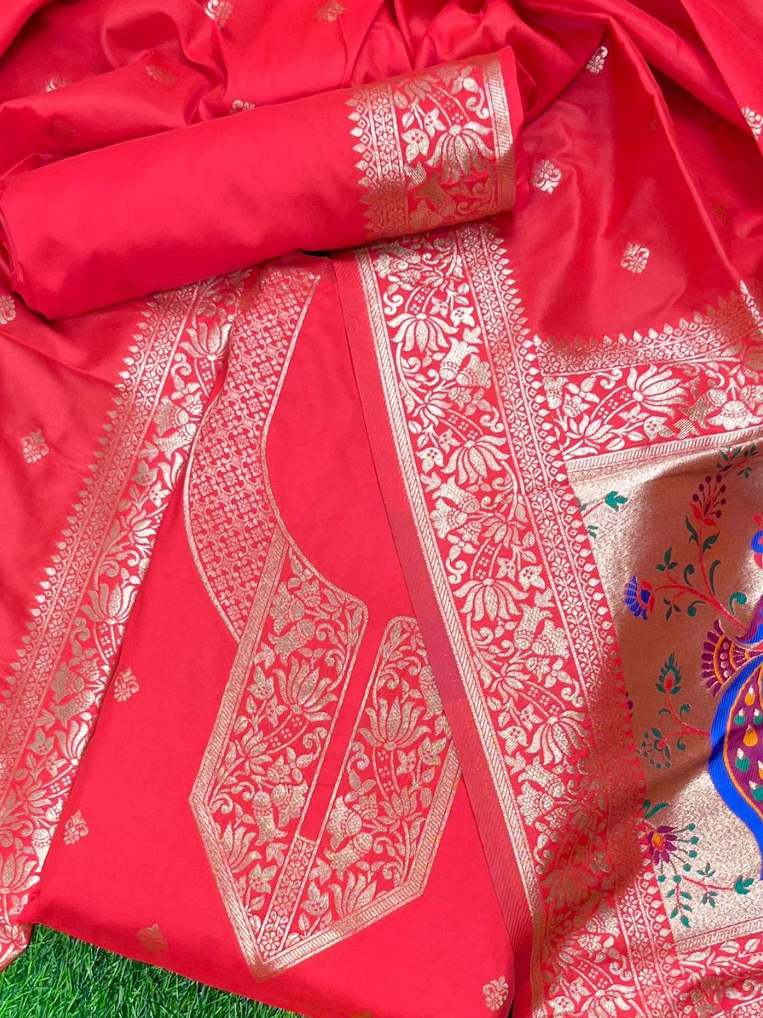 

ZARIMO Ethnic Motifs Woven Design Zari Pure Silk Unstitched Dress Material, Red