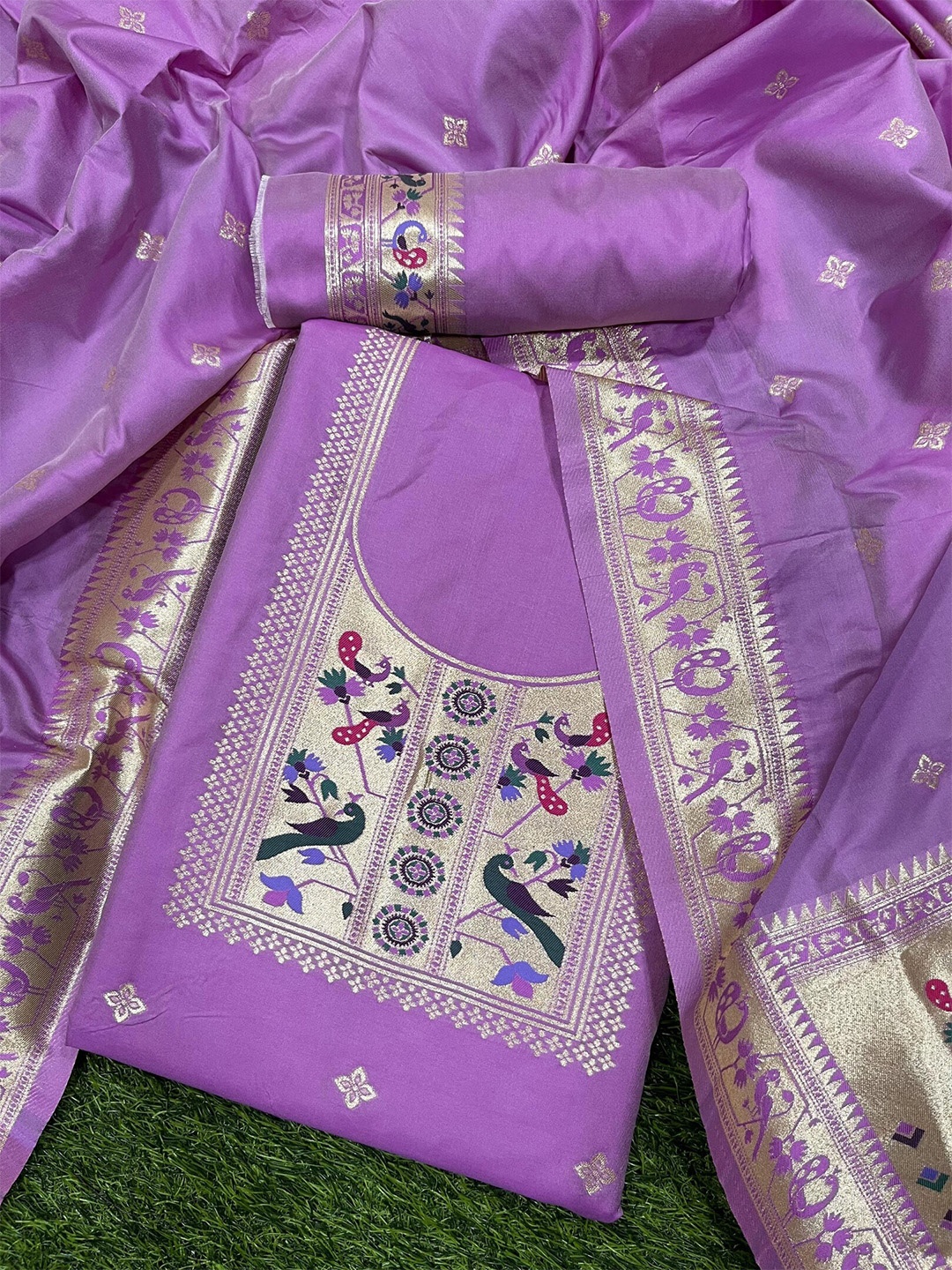 

ZARIMO Ethnic Woven Design Pure Silk Unstitched Dress Material, Lavender