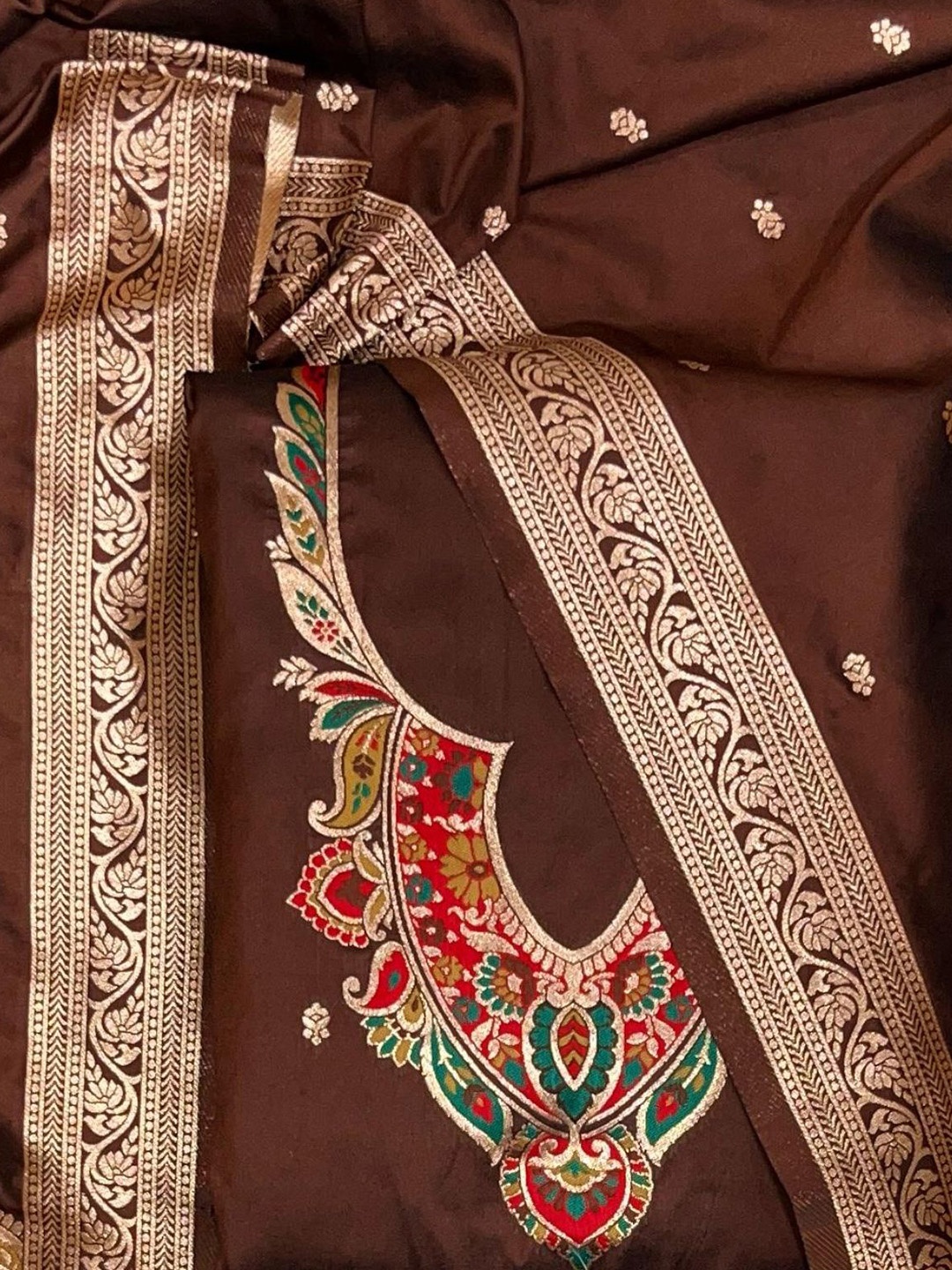 

ZARIMO Ethnic Woven Design Pure Silk Unstitched Dress Material, Coffee brown