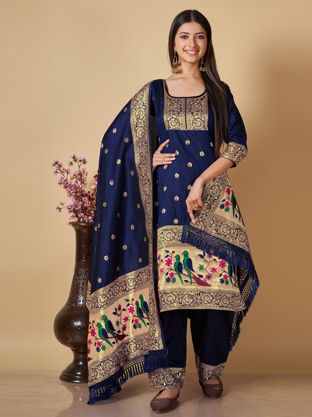 

ZARIMO Ethnic Woven Design Pure Silk Unstitched Dress Material, Navy blue