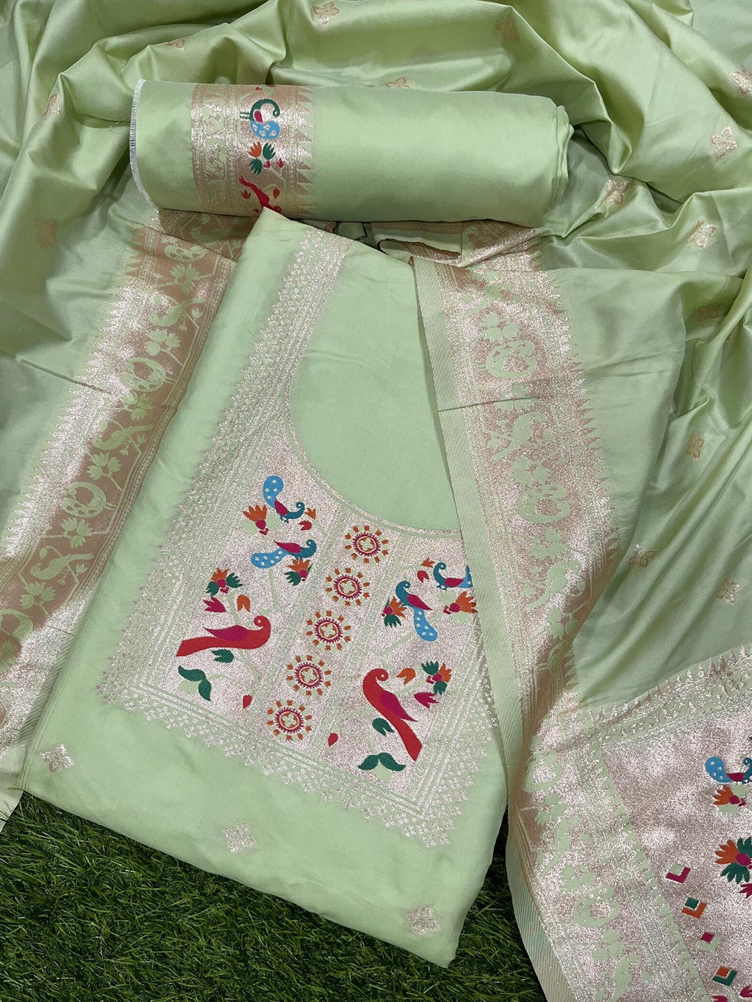 

ZARIMO Ethnic Motifs Woven Design Pure Silk Unstitched Dress Material, Green