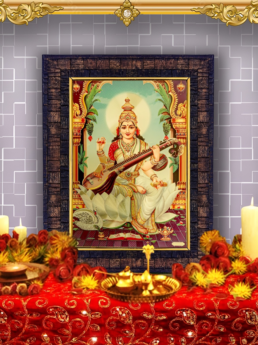 

Hawai 24K Gold Plated Goddess Saraswati Religious Wall Photo Frames, Black