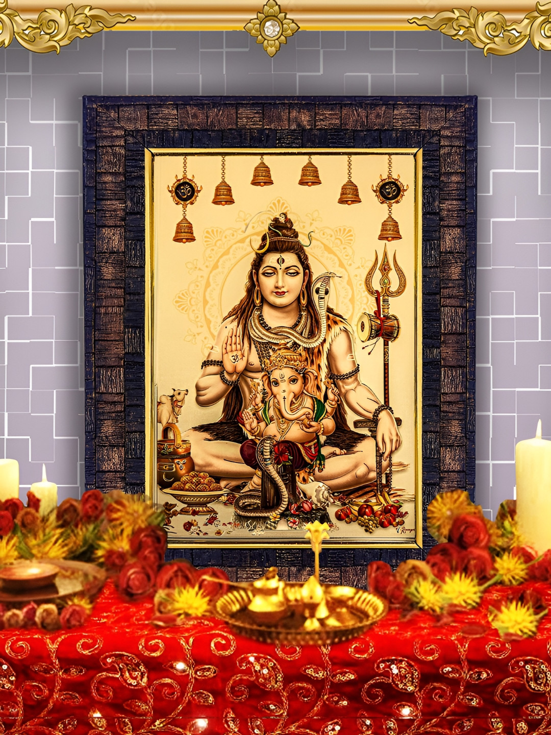 

Hawai Gold Plated Lord Shiva with Ganesha Religious Wall Photo Frames, Black