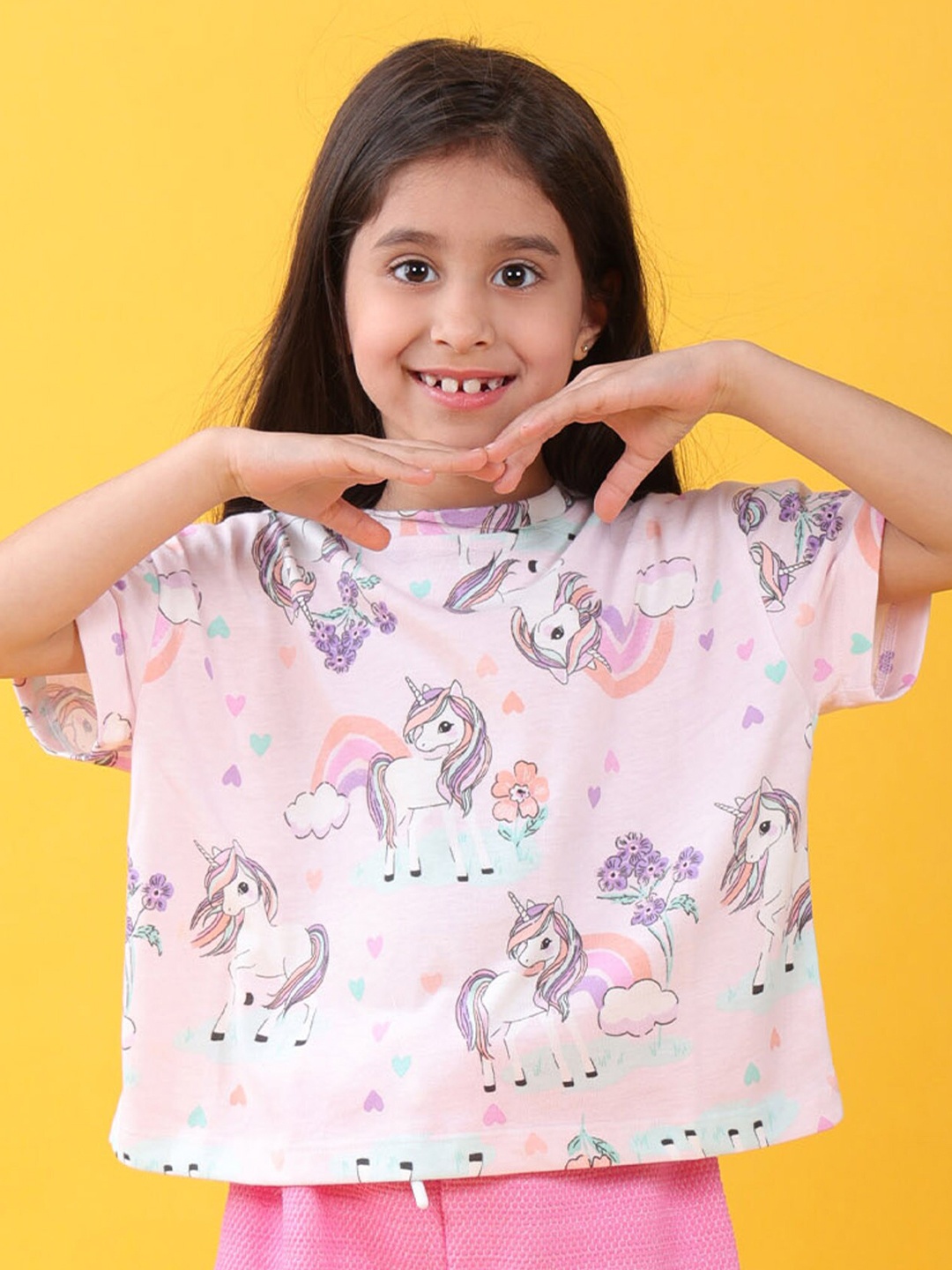 

Anthrilo Girls Unicorn Printed Drop-Shoulder Sleeves T-shirt, Pink