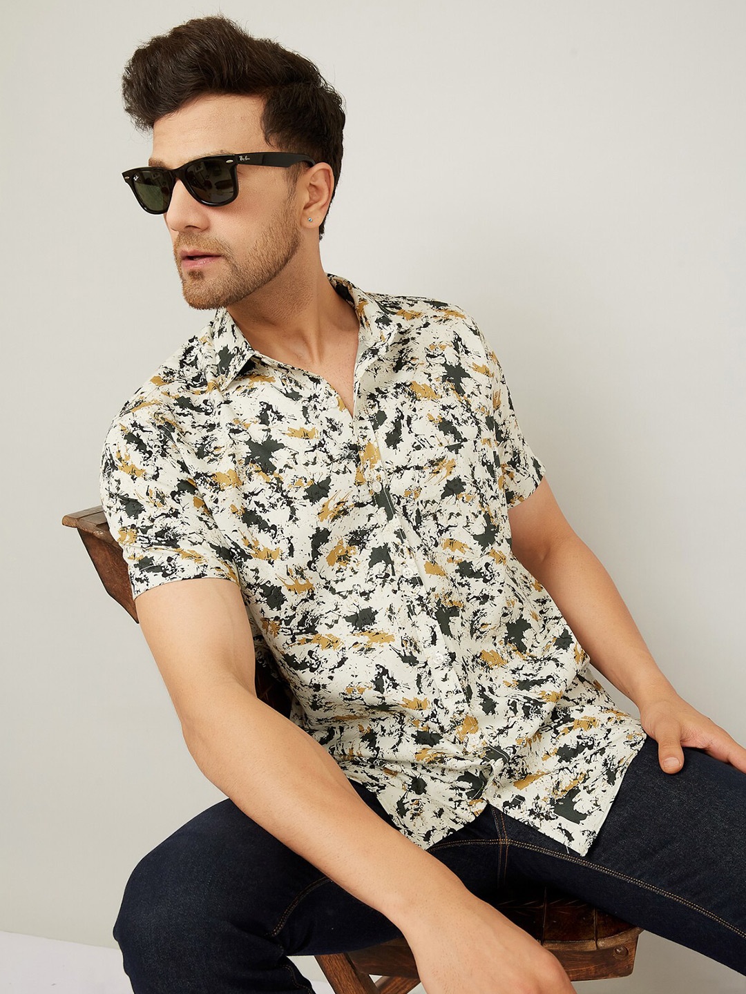 

LOUIS MONARCH Comfort Slim Fit Floral Printed Cotton Casual Shirt, Cream