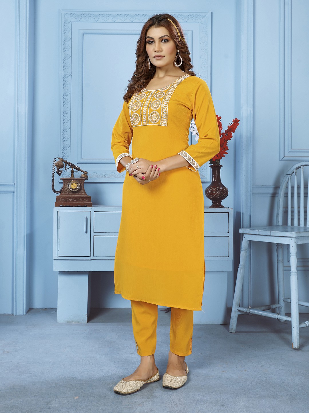 

Ekasya Floral Embroidered Pure Cotton Straight Kurta with Trousers, Yellow