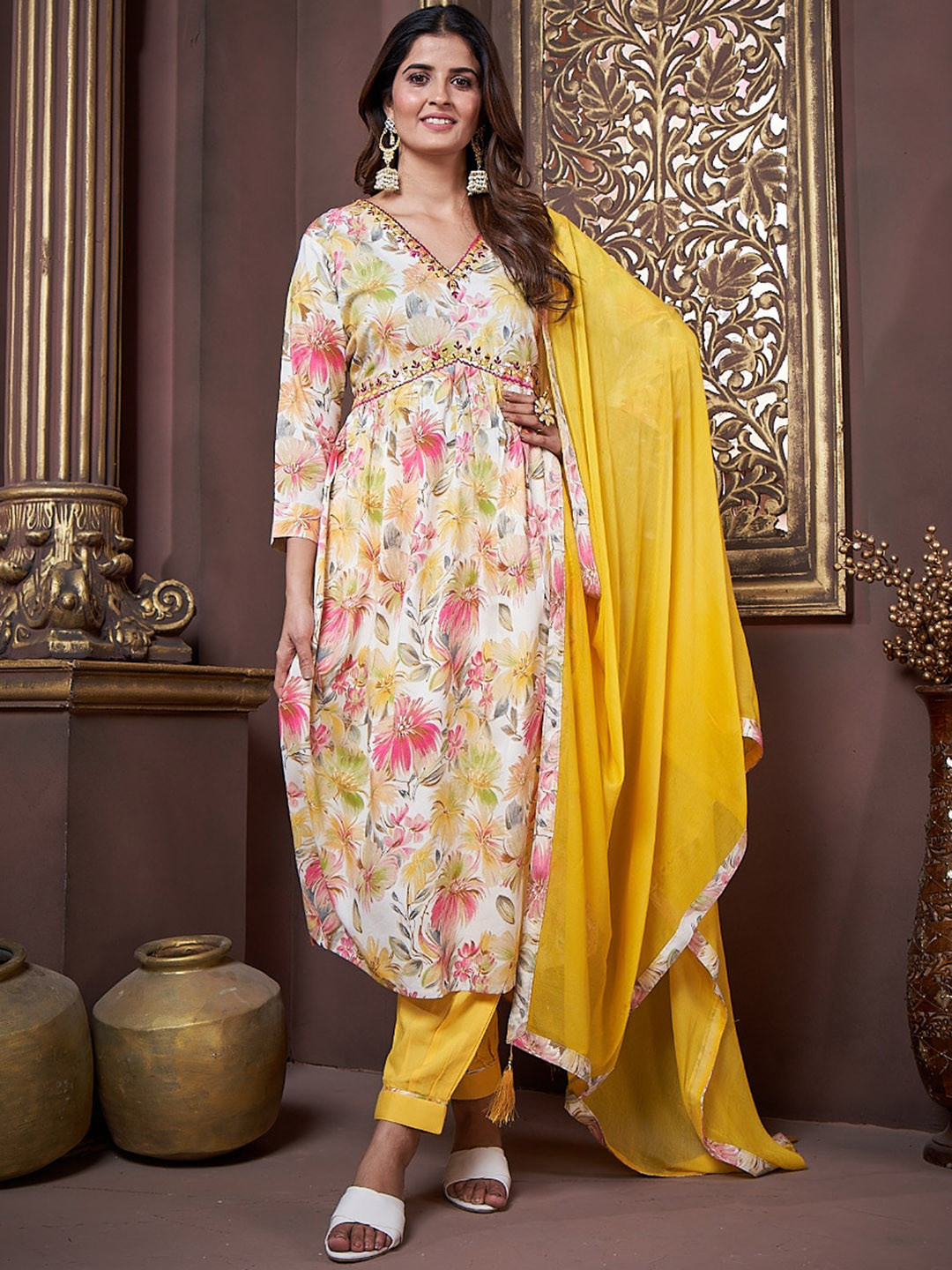 

Ekasya Floral Printed Empire A-Line Kurta with Trousers & With Dupatta, White