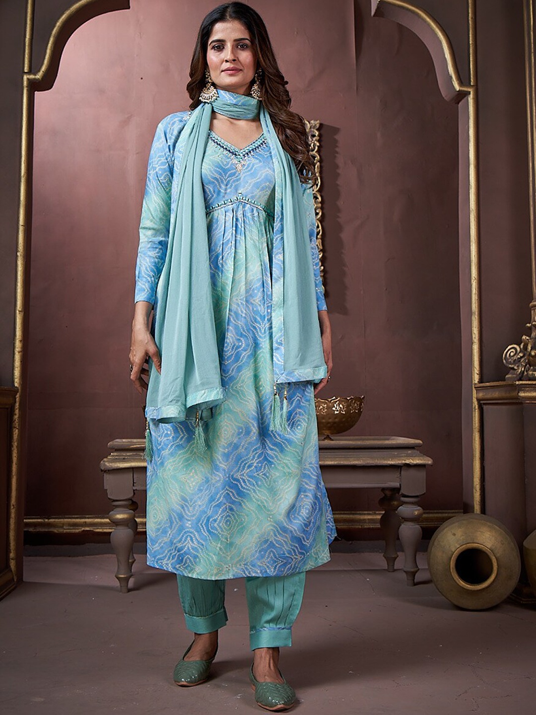 

Ekasya Bandhani Printed Empire Kurta With Trousers & Dupatta, Blue