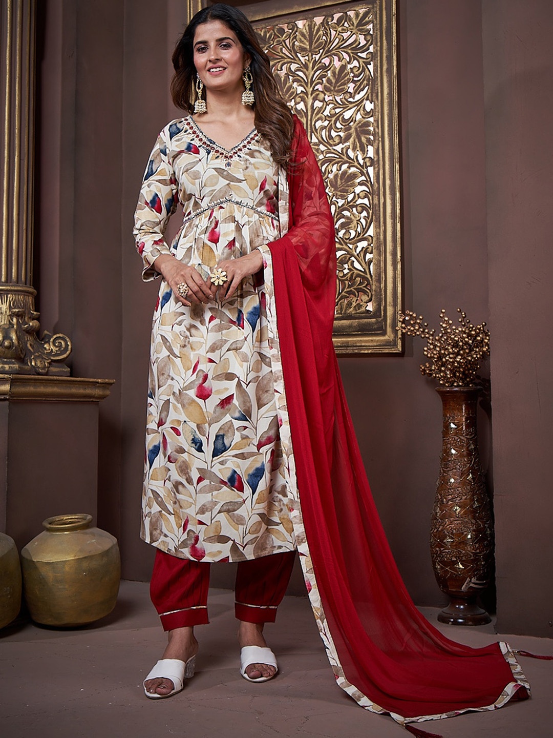 

Ekasya Floral Printed Empire A-Line Kurta with Salwar & With Dupatta, White