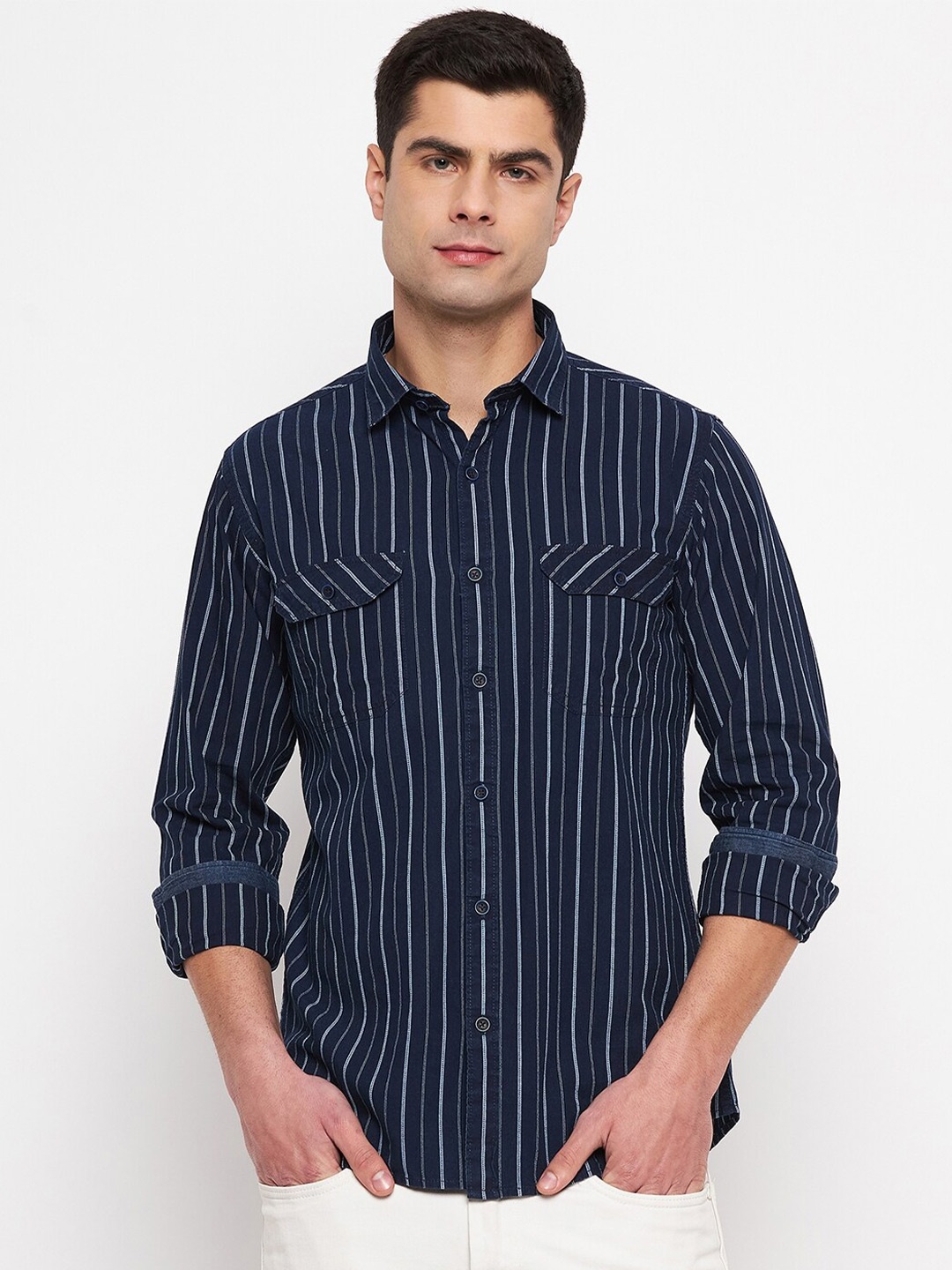 

Duke Slim Fit Vertical Striped Cotton Casual Shirt, Navy blue