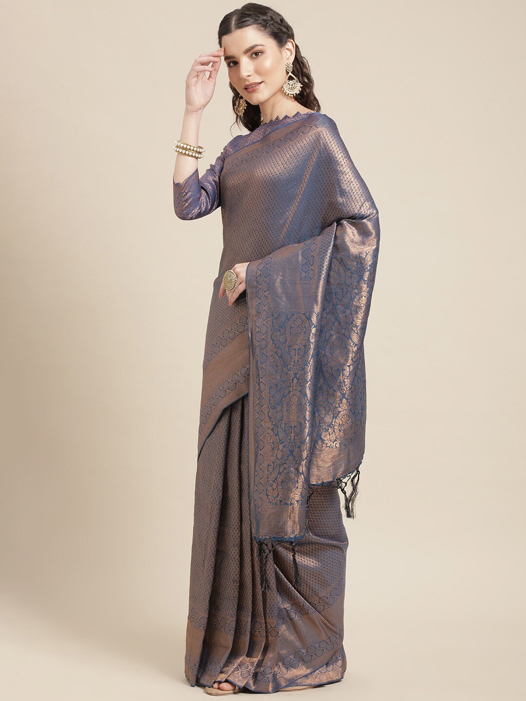 

Mitera Ethnic Motifs Zari Silk Blend Saree, Blue